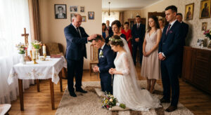 Panna młoda w białej sukni i pan młody w garniturze klęczą na poduszkach w salonie, otrzymując błogosławieństwo od rodziców. Wokół stoi rodzina i goście weselni. Po lewej stronie widać prowizoryczny ołtarzyk z krzyżem.